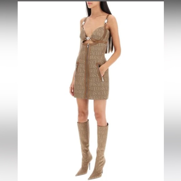 Versace Logo Print Cut Out Monogram Mini Dress Leather Trims IT 42 US 6 $3050 - Picture 3 of 17